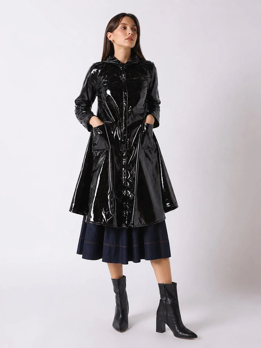 A-Line Button-Down Vinyl Jacket with Hood - Image 2