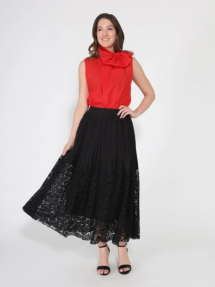 A-line pleated detail bottom lace skirt - Image 2