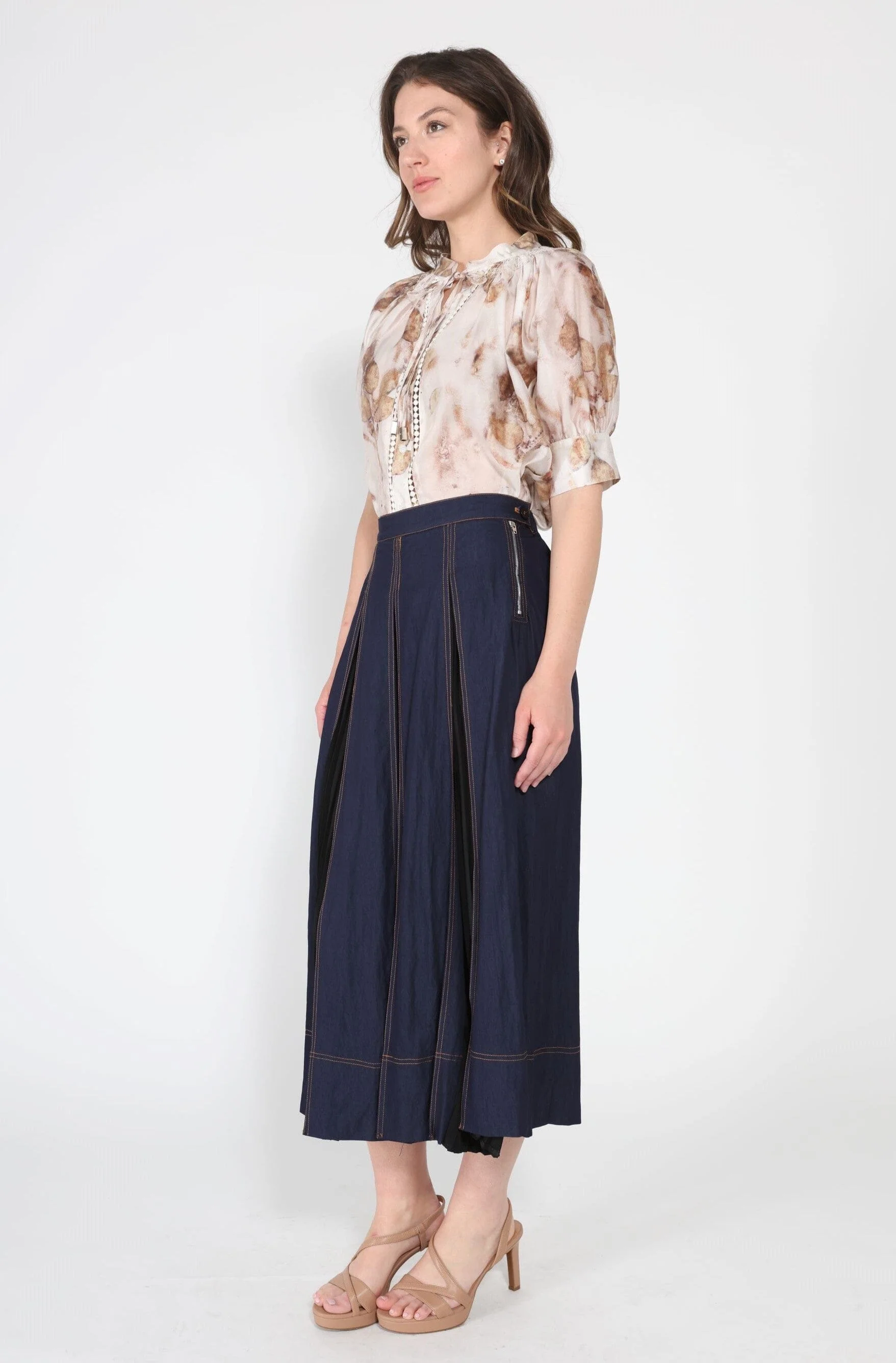 A-line Skirt with Contrast Stitch Front Pleated - Image 3