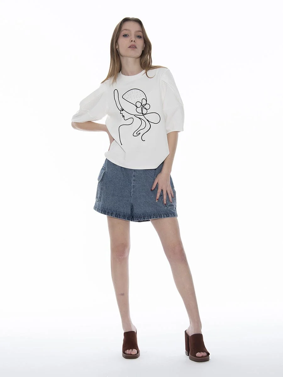 Abstract Face Embroidered Puff Sleeve Top - Image 2