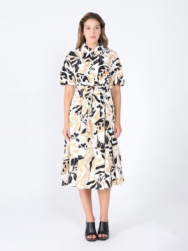 Allover Printed Shirt Collar & Belt Dress