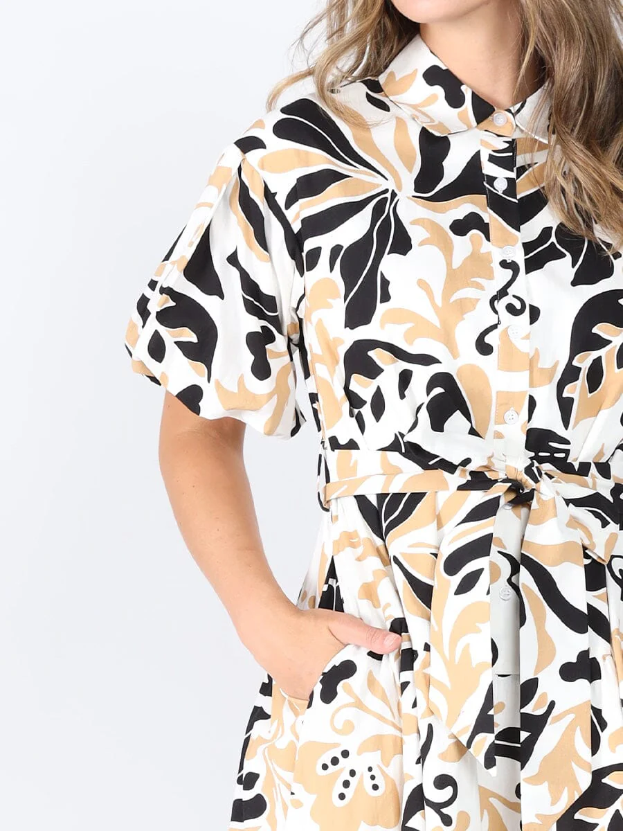 Allover Printed Shirt Collar & Belt Dress - Image 3