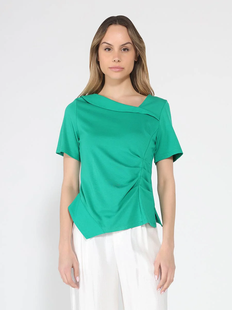Asymmetrical neck ruched detail solid top