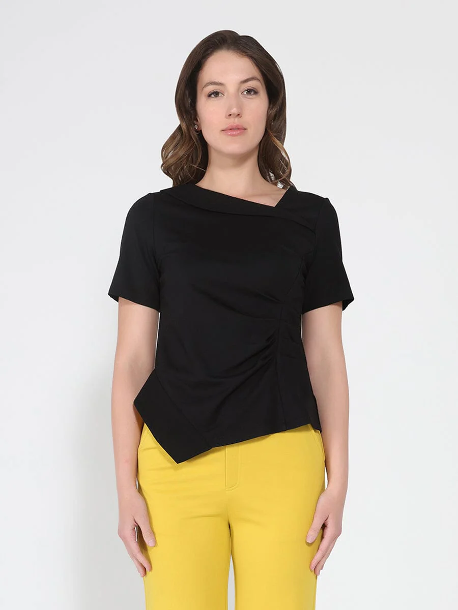 Asymmetrical neck ruched detail solid top - Image 5