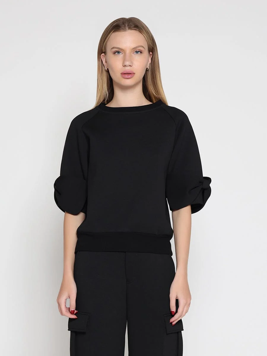 Bow detail sleeve round neck solid top