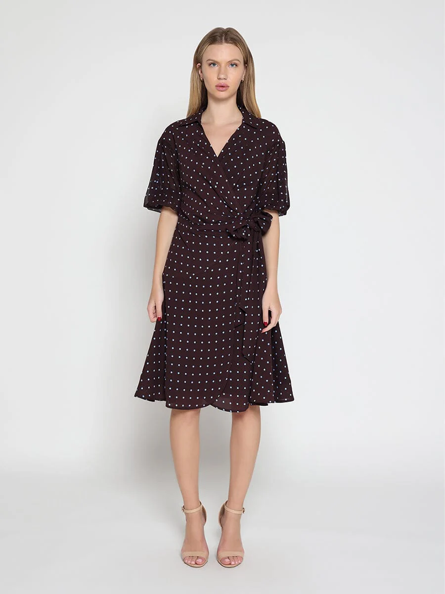 Brown polka dot wrap dress
