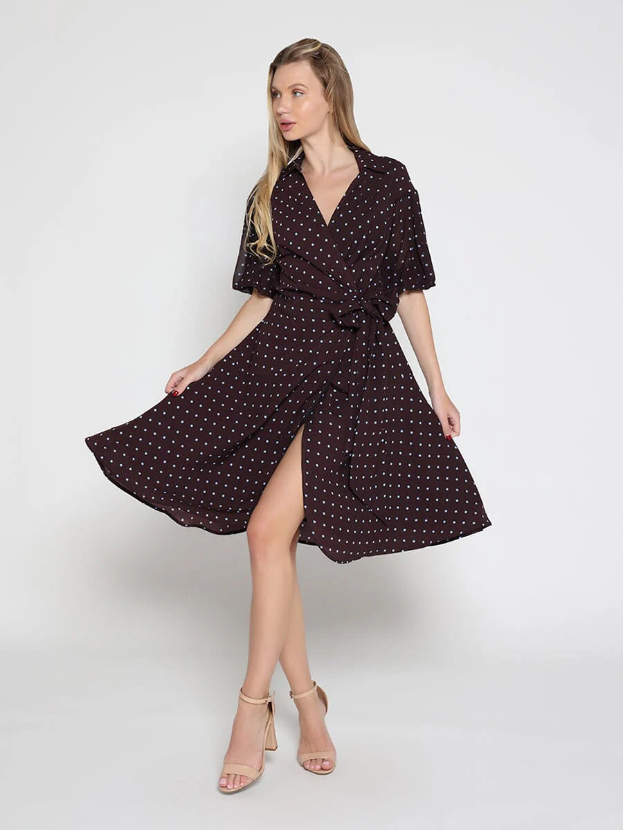 Brown polka dot wrap dress - Image 2