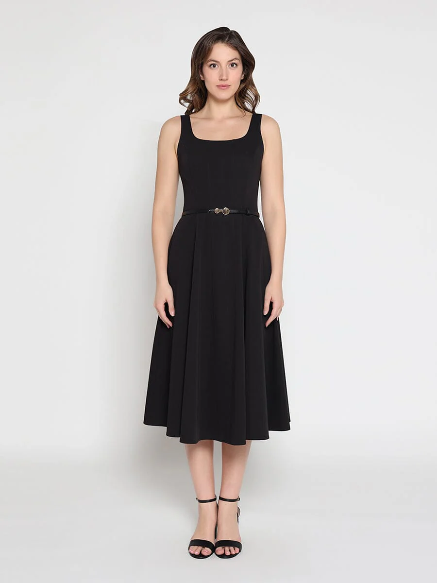 Buckle Belted Square Neck A-Line Sleeveless Dress