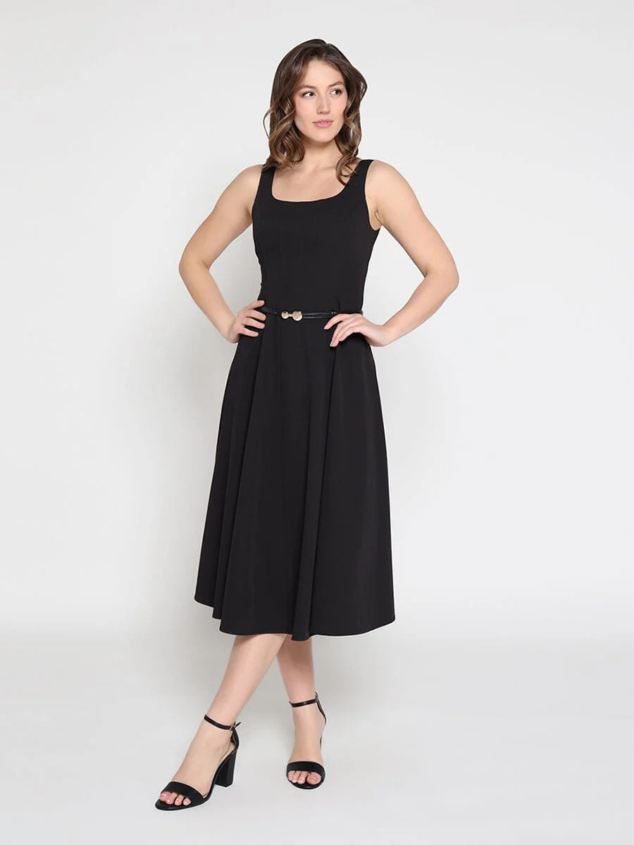 Buckle Belted Square Neck A-Line Sleeveless Dress - Image 2