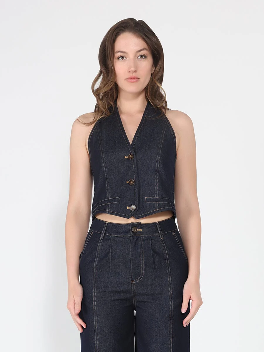 Button down halter neck sleeveless vest