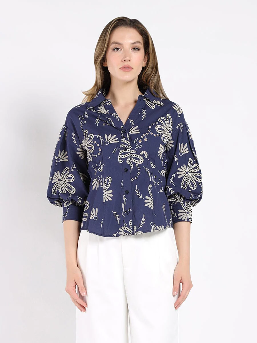 Collared Puff Sleeve Patterned Shirt
