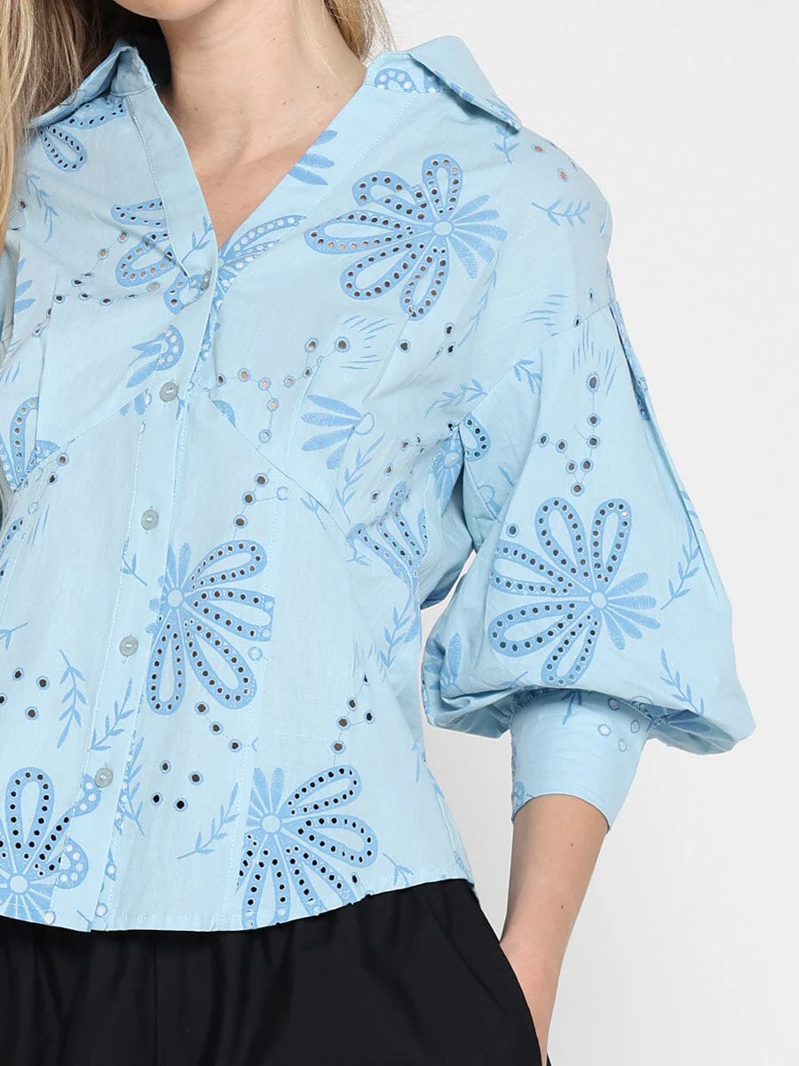 Collared Puff Sleeve Patterned Shirt - Image 11