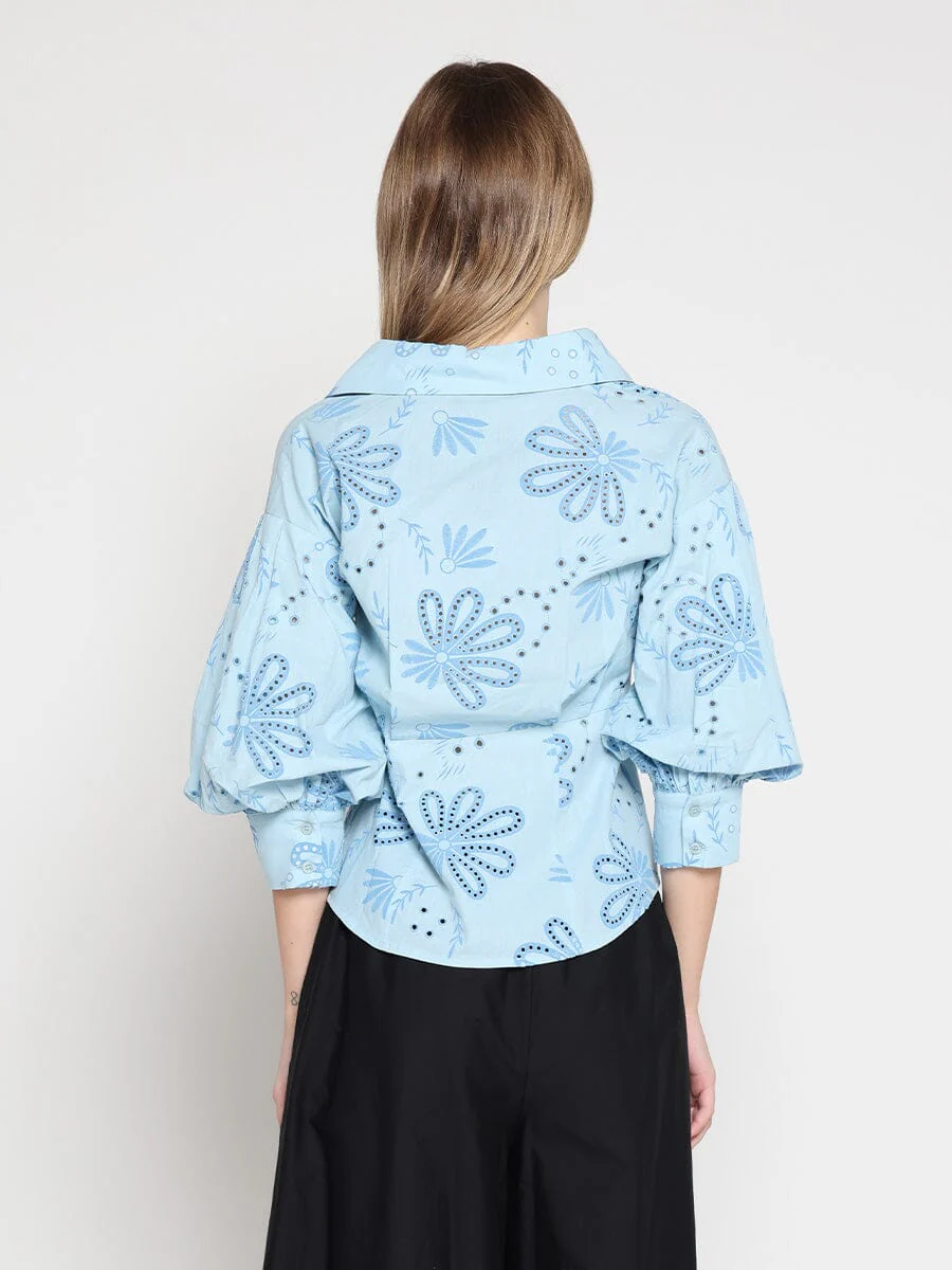 Collared Puff Sleeve Patterned Shirt - Image 12