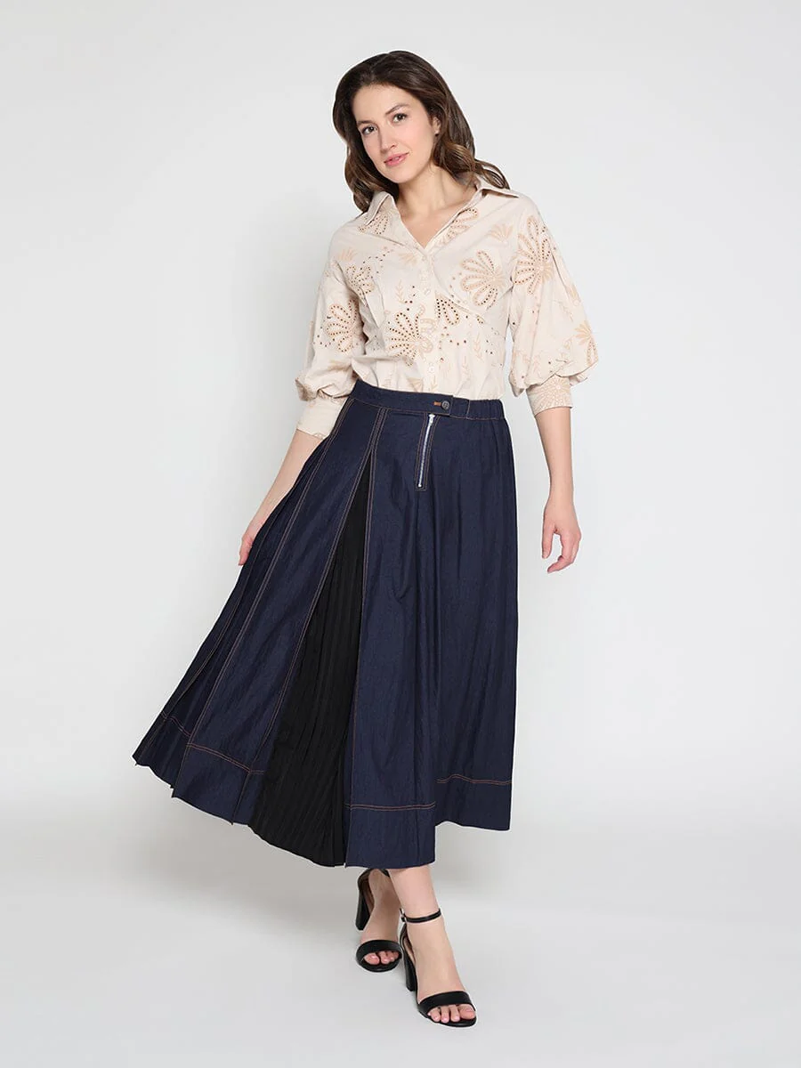 Collared Puff Sleeve Patterned Shirt - Image 13