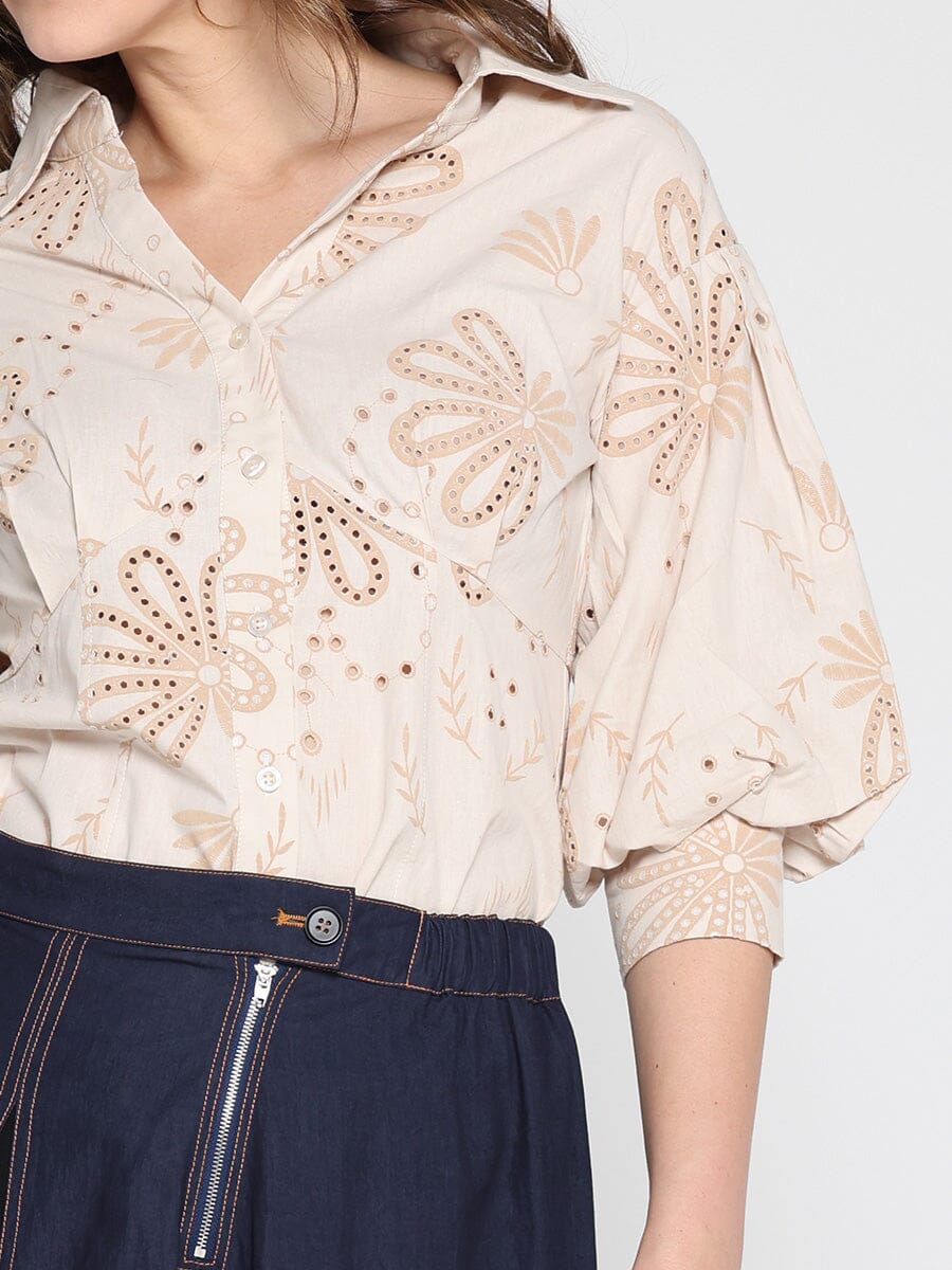 Collared Puff Sleeve Patterned Shirt - Image 14