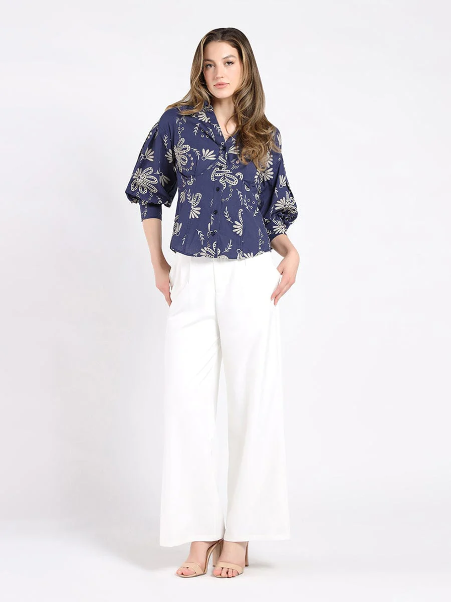 Collared Puff Sleeve Patterned Shirt - Image 2