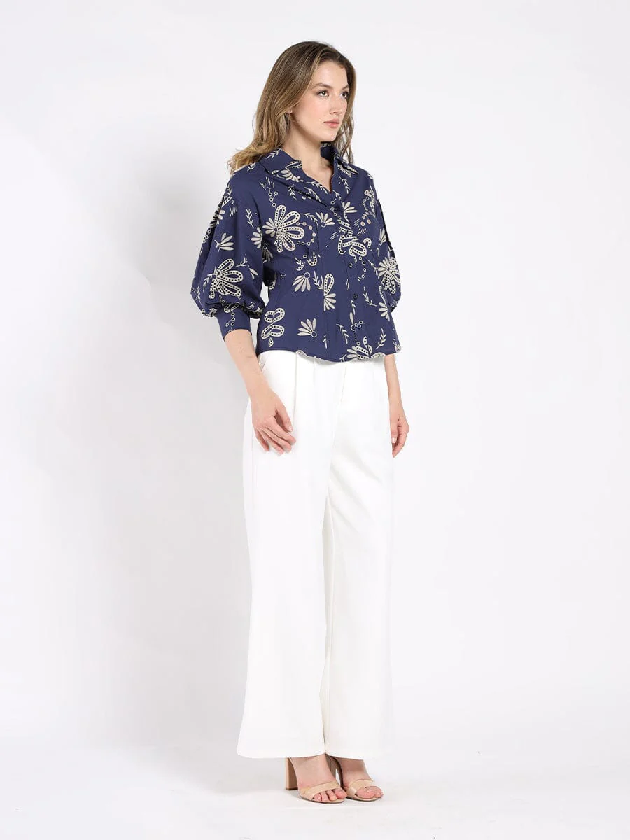 Collared Puff Sleeve Patterned Shirt - Image 3