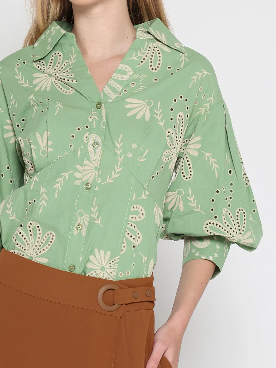 Collared Puff Sleeve Patterned Shirt - Image 7