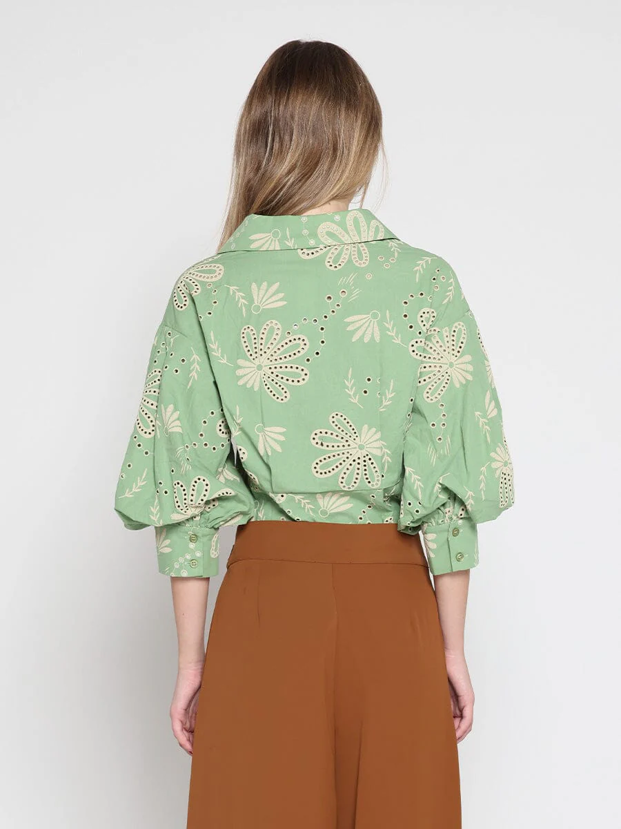 Collared Puff Sleeve Patterned Shirt - Image 8