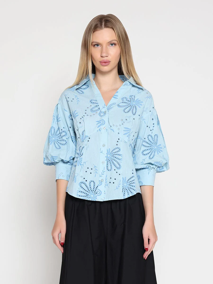 Collared Puff Sleeve Patterned Shirt - Image 9