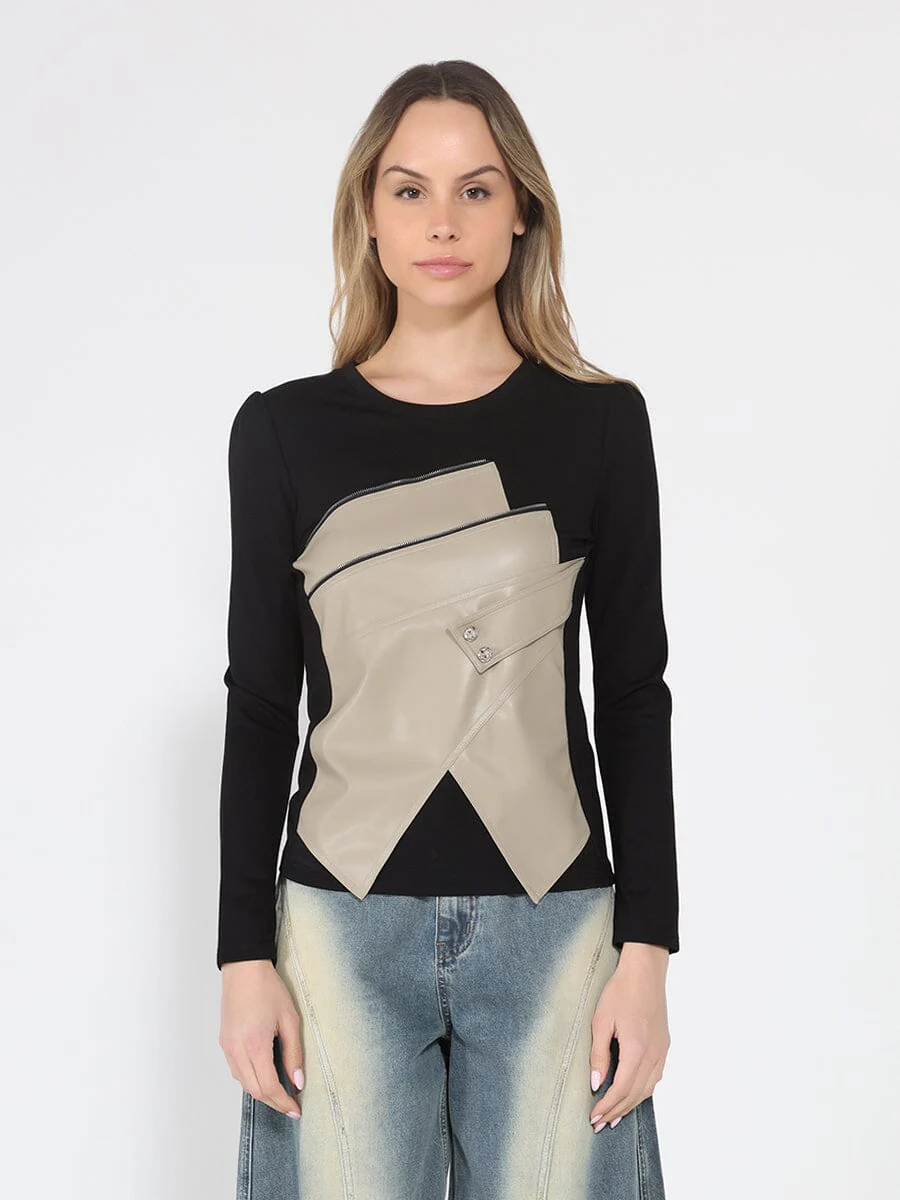 Contrast Color Asymmetrical Detail Long Sleeve Top