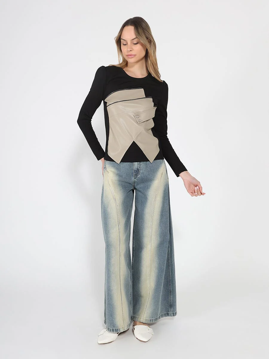 Contrast Color Asymmetrical Detail Long Sleeve Top - Image 2