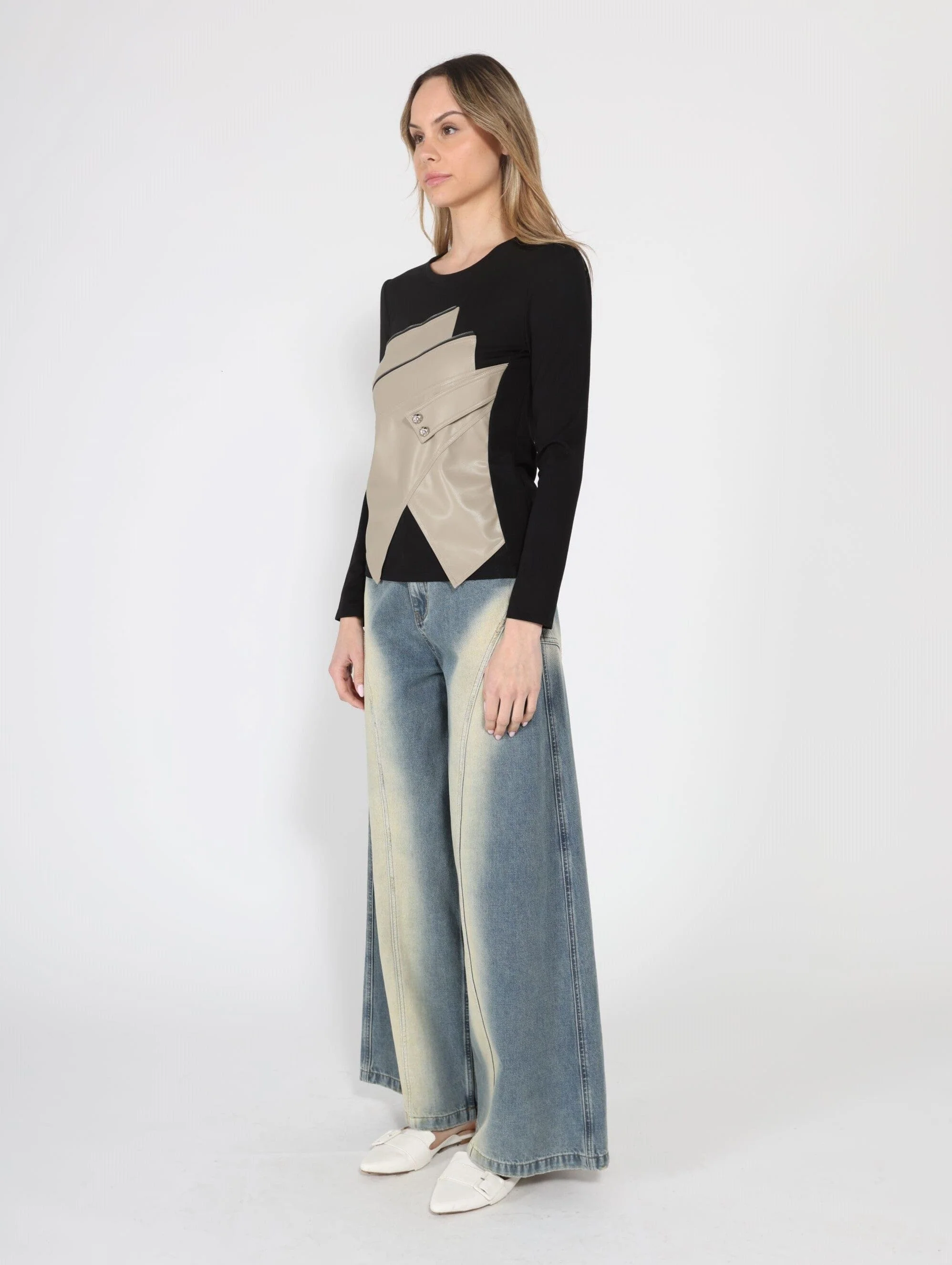 Contrast Color Asymmetrical Detail Long Sleeve Top - Image 3