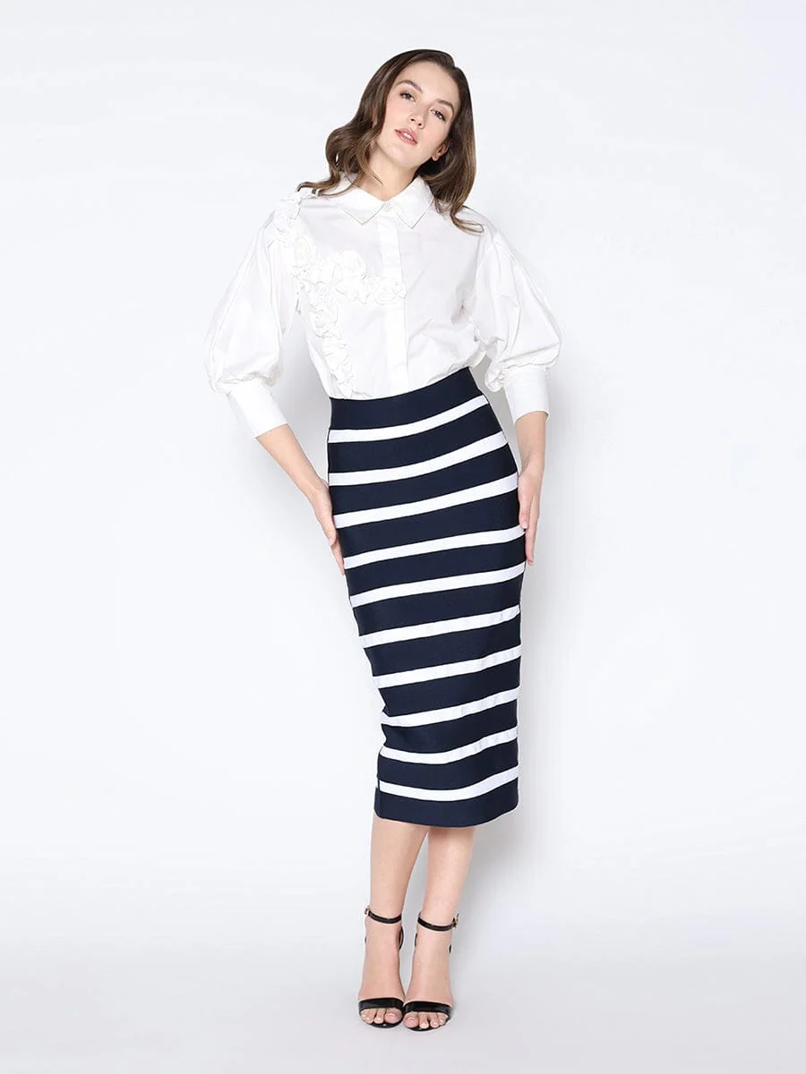 Contrast Color Striped Midi Bandage Bodycon Skirt - Image 2