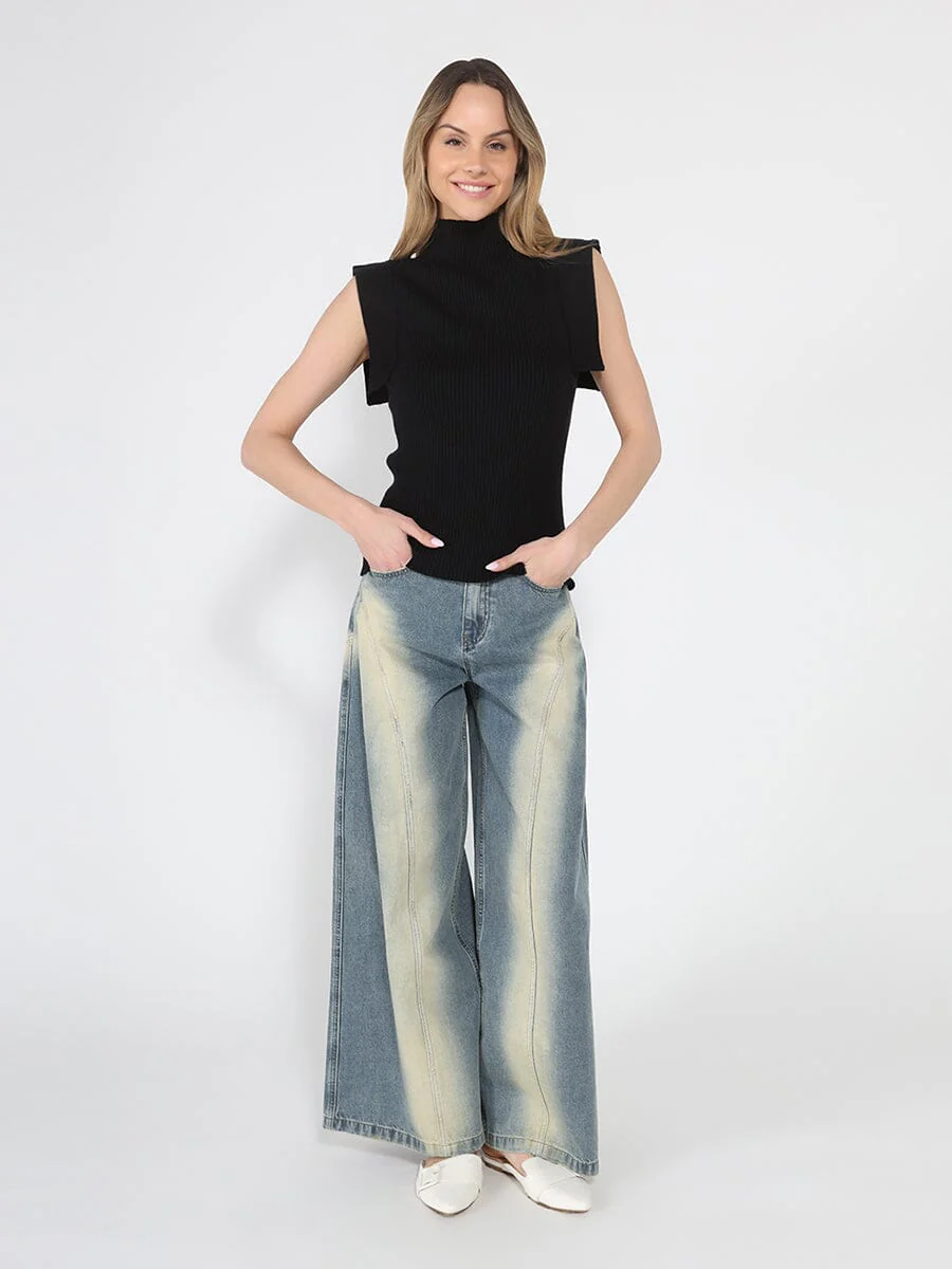 Contrast Color Wide Leg Denim Pant - Image 2