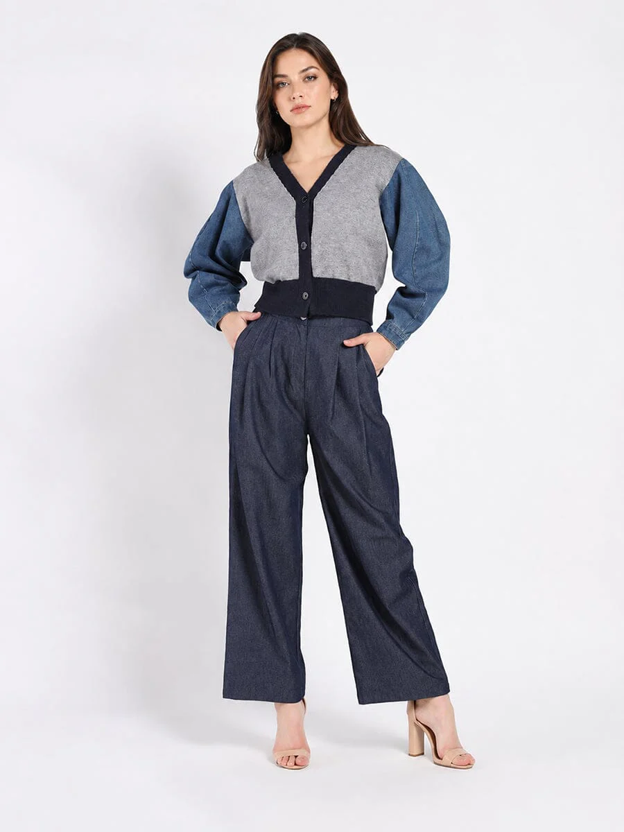 Contrast Cropped Denim Sleeve Button Up Cardigan - Image 2