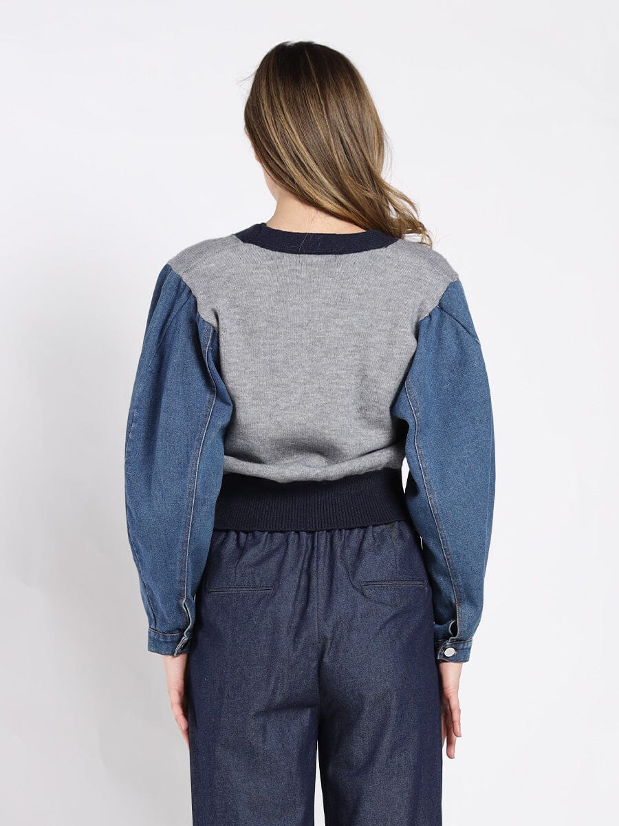 Contrast Cropped Denim Sleeve Button Up Cardigan - Image 4