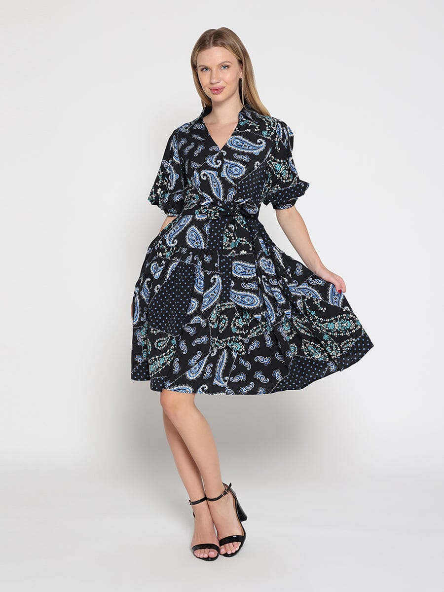 Cotton Printed Puffed Sleeve Belt Dress - Image 2