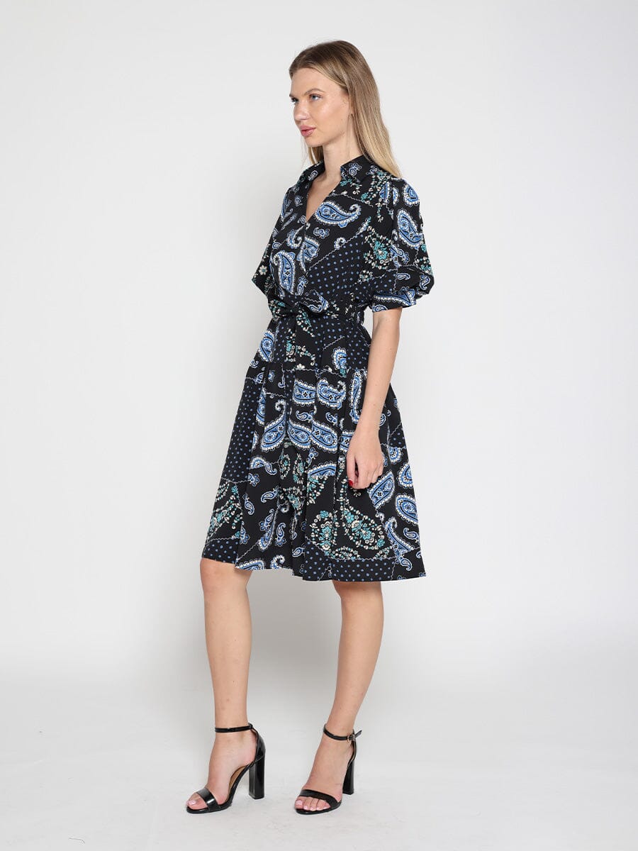 Cotton Printed Puffed Sleeve Belt Dress - Image 3