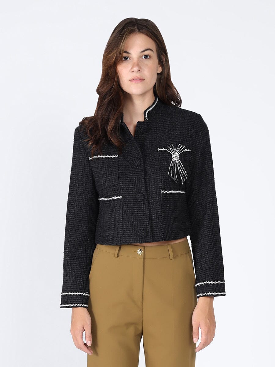 Crystal Embellished Cropped High Neck Jacket