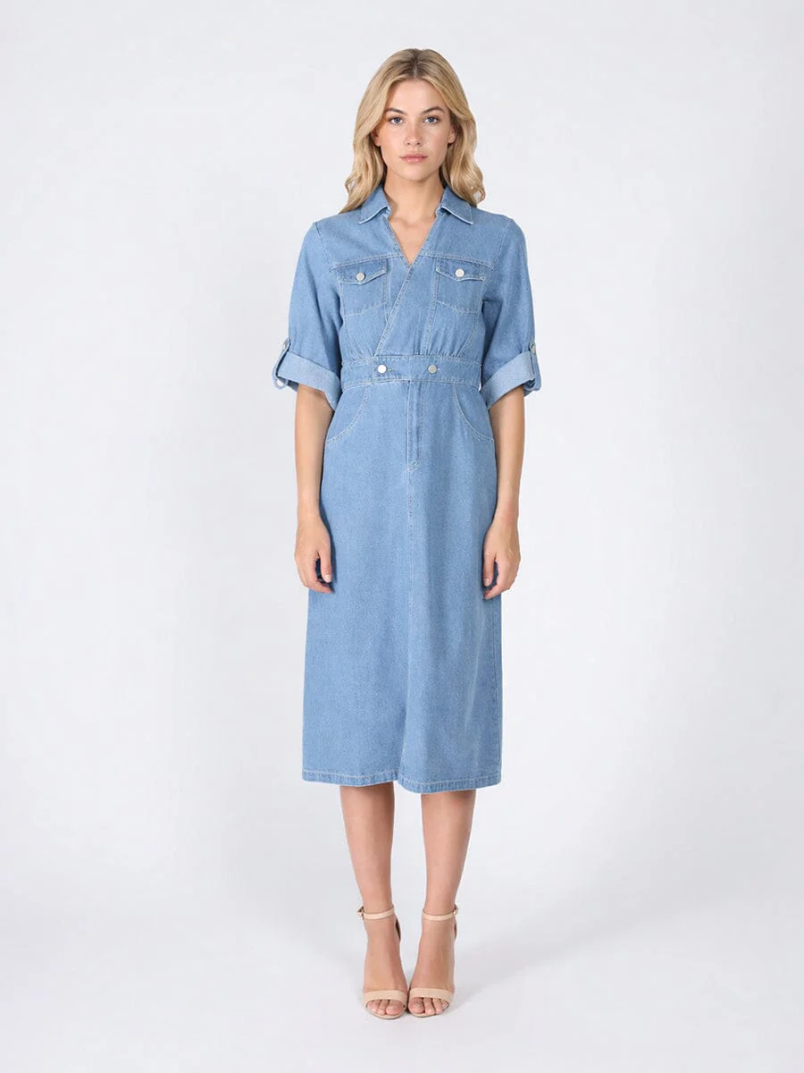 Denim Collar V-Veck Dress