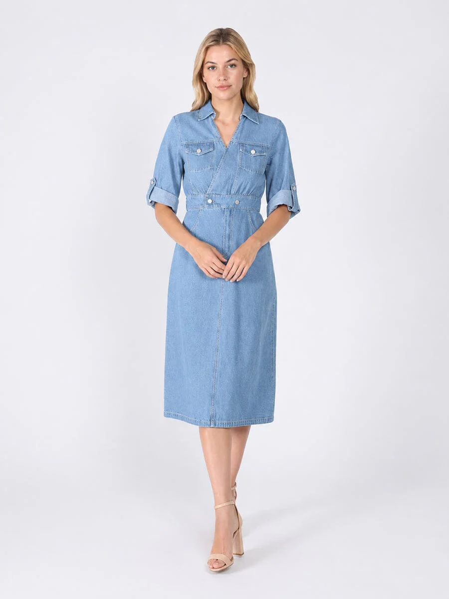 Denim Collar V-Veck Dress - Image 2