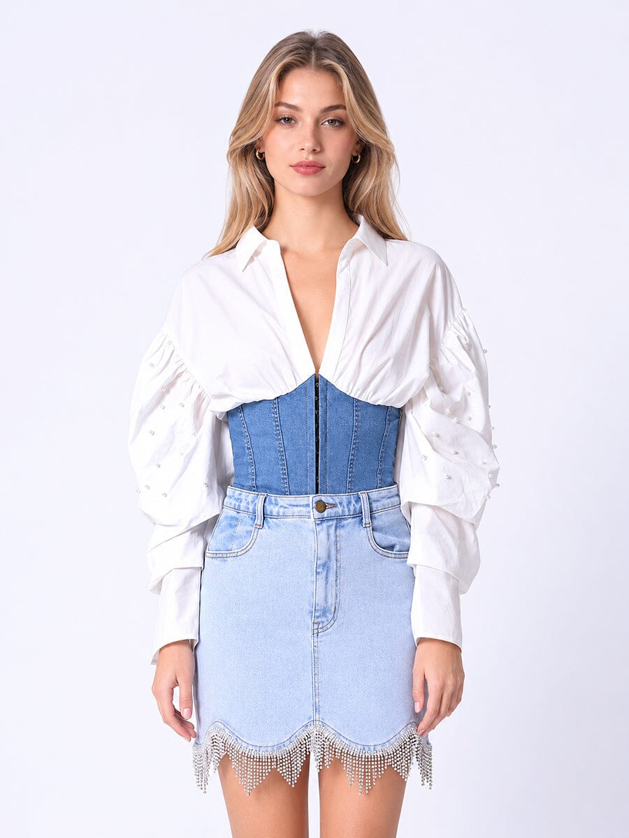 Denim Corset Waist Pearl Point Puff Sleeve Top