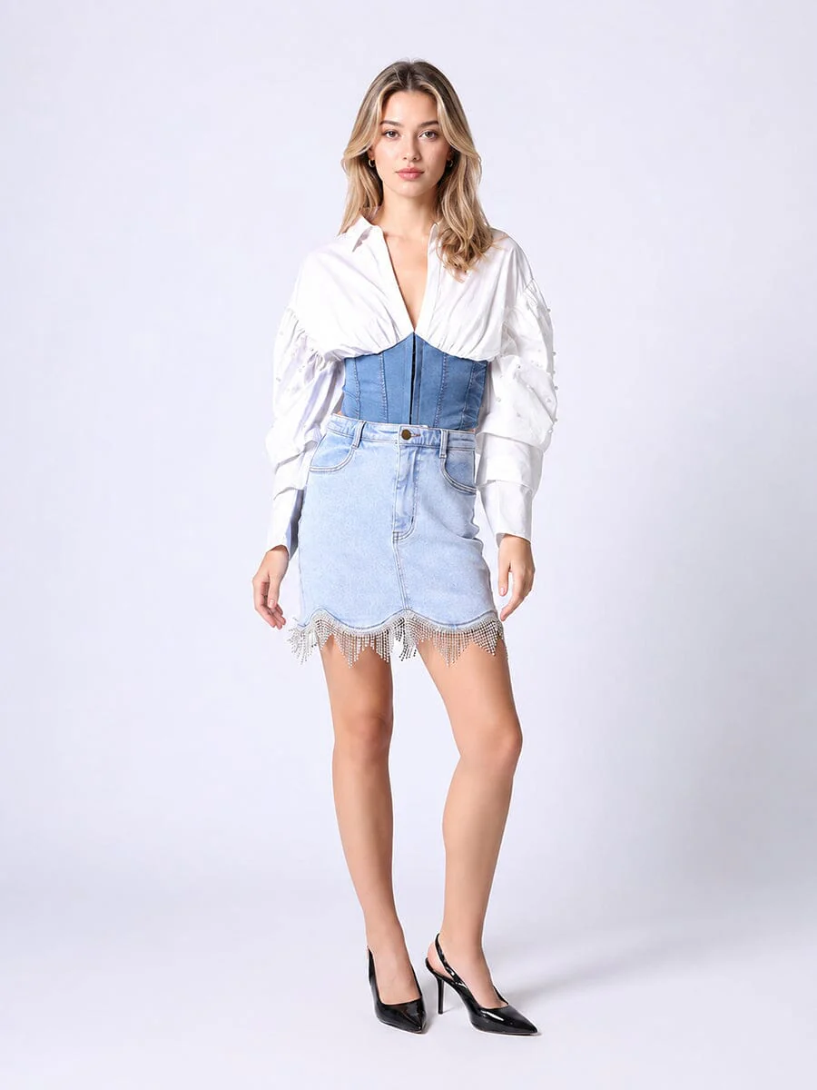 Denim Corset Waist Pearl Point Puff Sleeve Top - Image 2