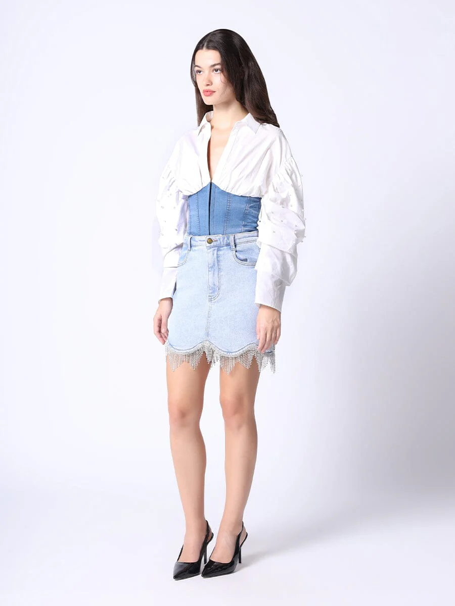 Denim Corset Waist Pearl Point Puff Sleeve Top - Image 3