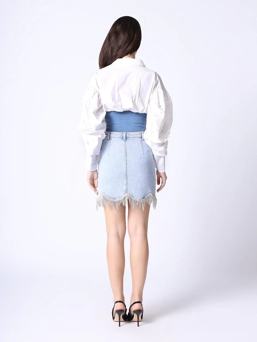 Denim Corset Waist Pearl Point Puff Sleeve Top - Image 4