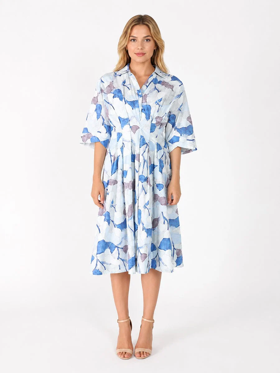 Dolman Sleeve Pleated Waist Printed Dress