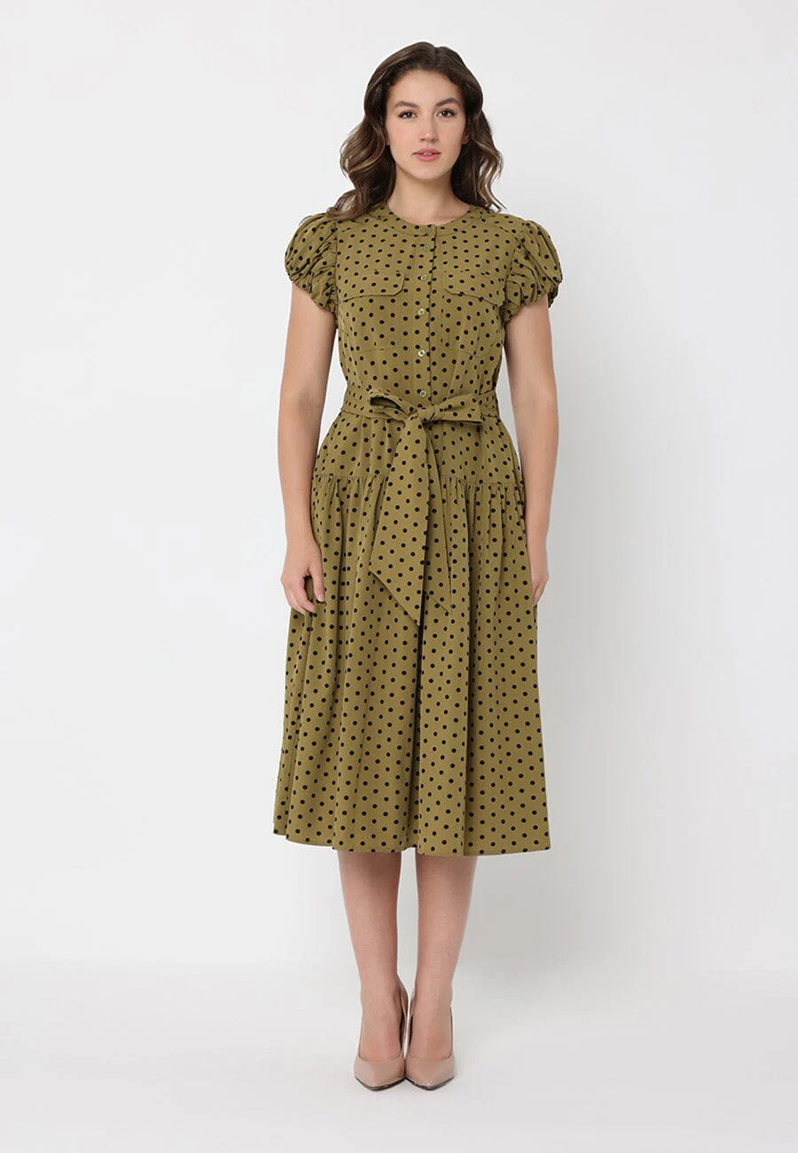 Dot Print Front Pocket with Belt Dress