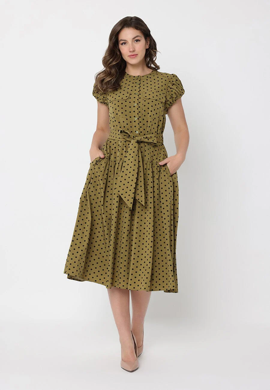 Dot Print Front Pocket with Belt Dress - Image 2