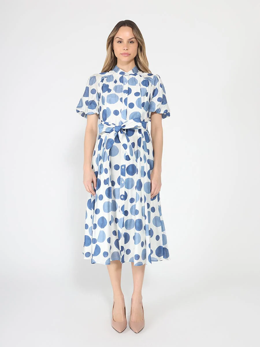 Dot print puff sleeve elastic back midi dress