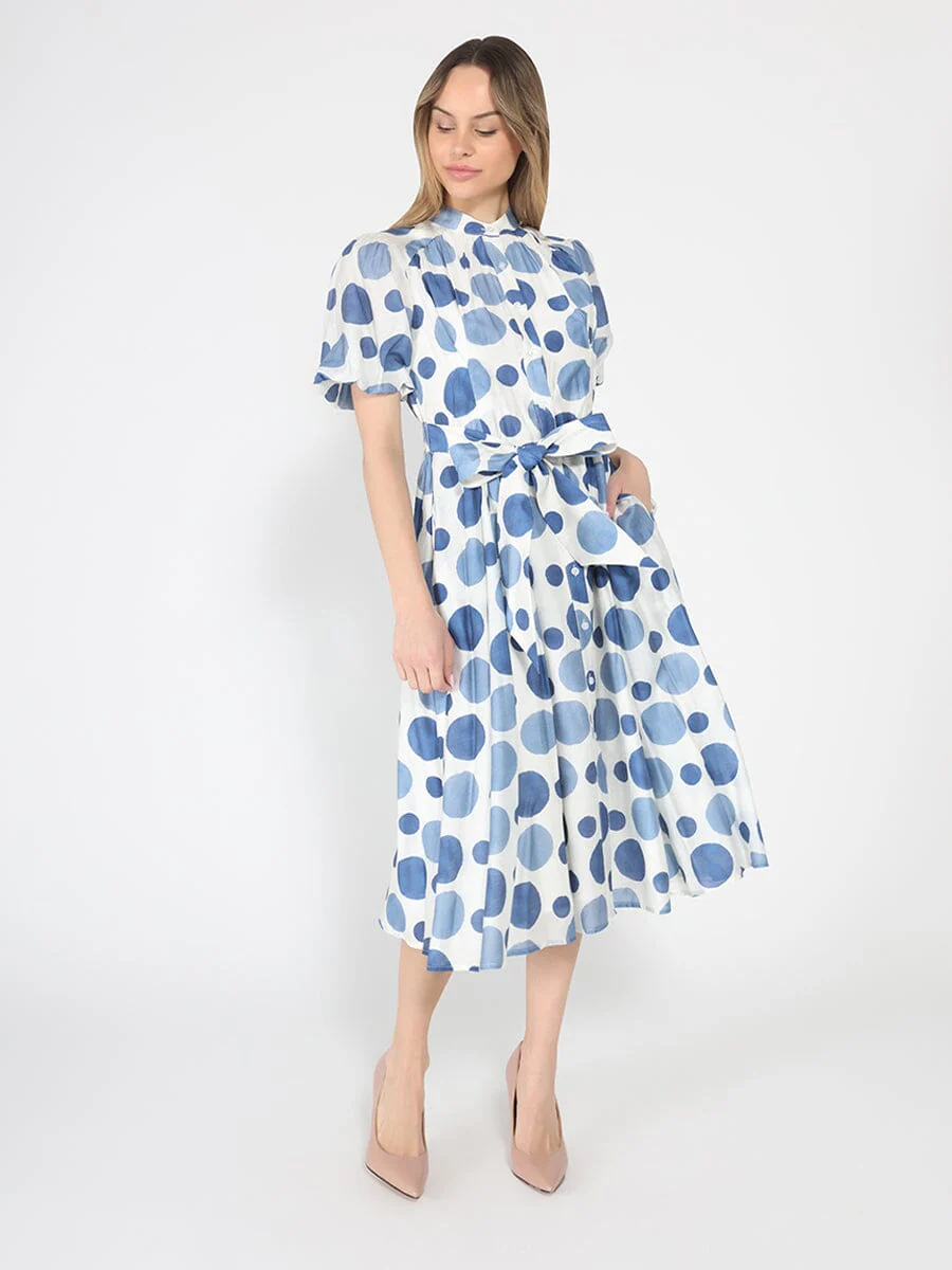 Dot print puff sleeve elastic back midi dress - Image 2