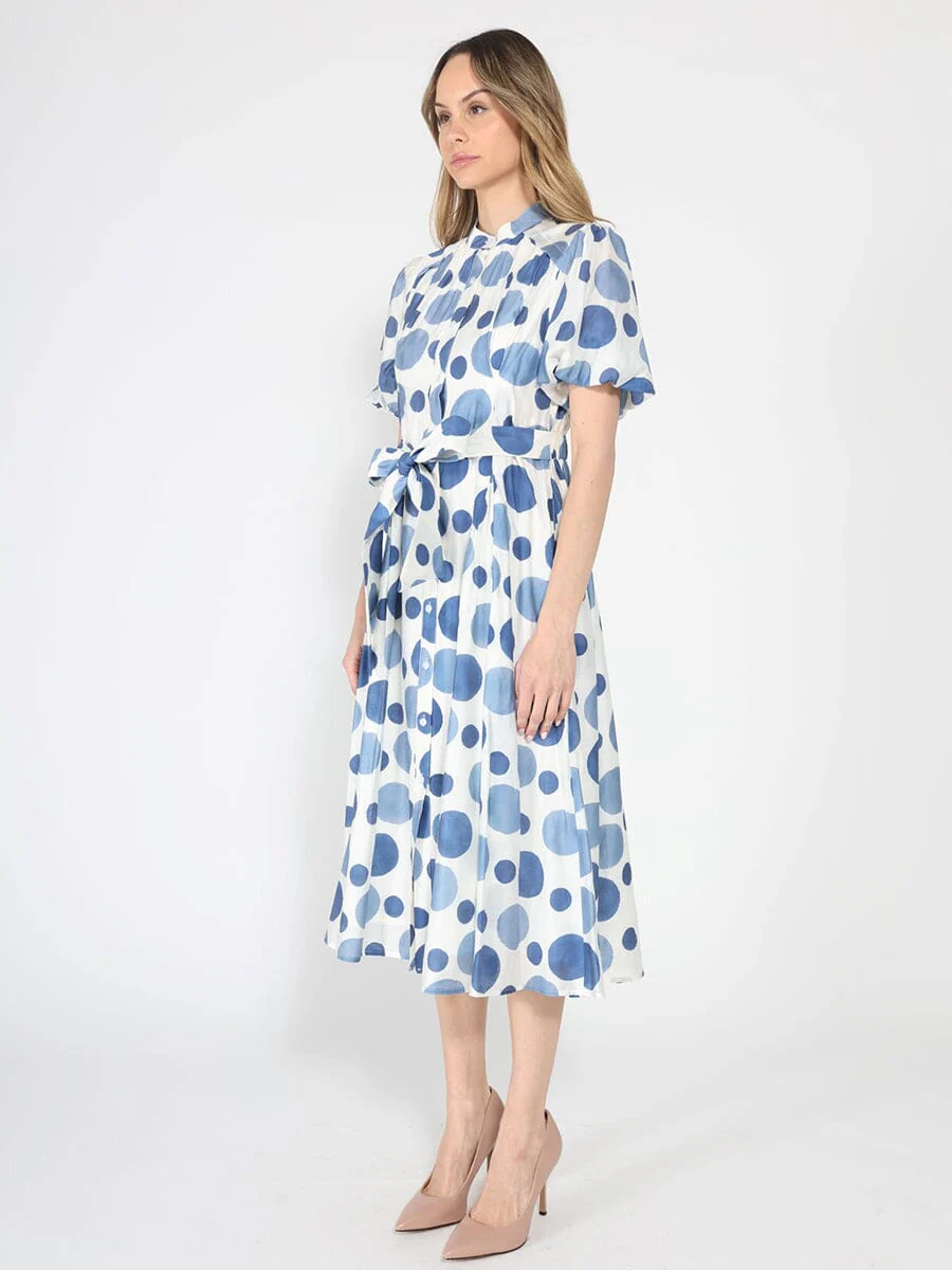 Dot print puff sleeve elastic back midi dress - Image 3