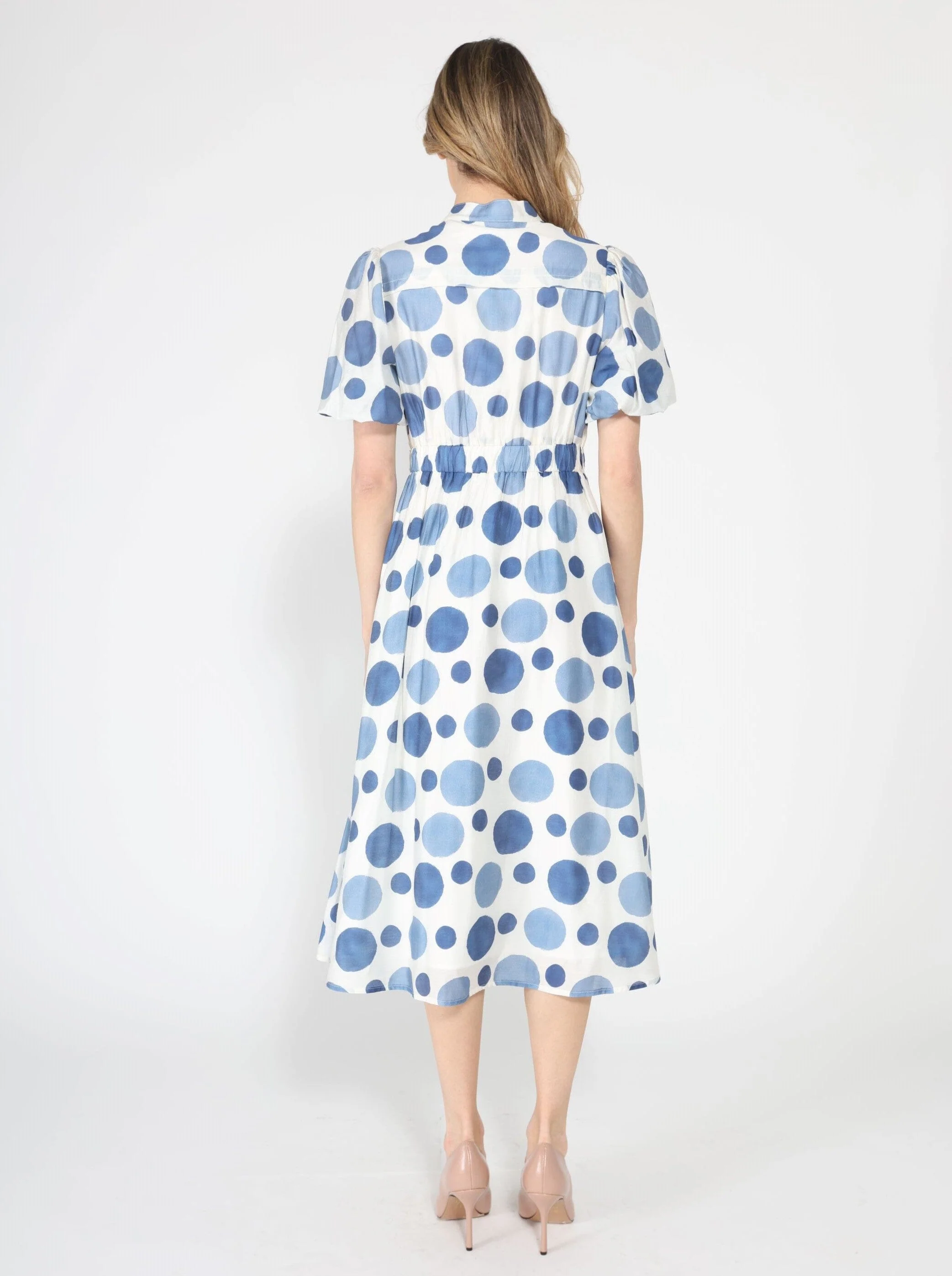 Dot print puff sleeve elastic back midi dress - Image 4