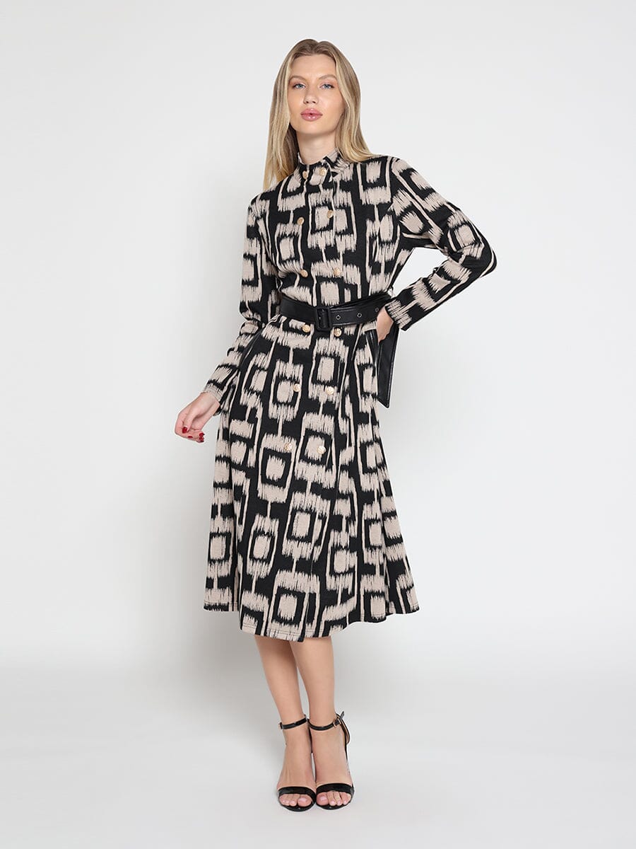 Double Breasted Long Sleeve Belted Print Dress - Image 2