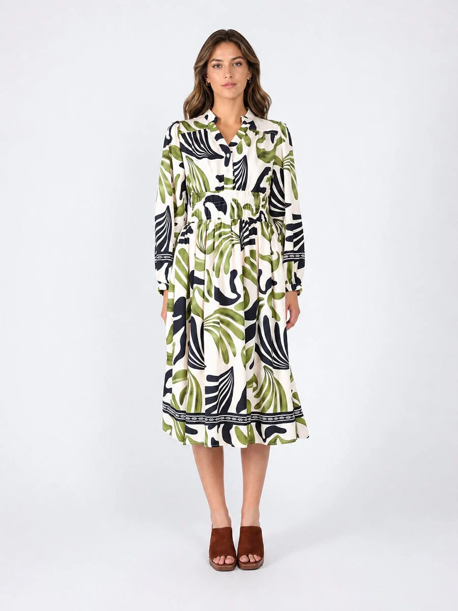 Elastic Waist Long Sleeve Printed Dress