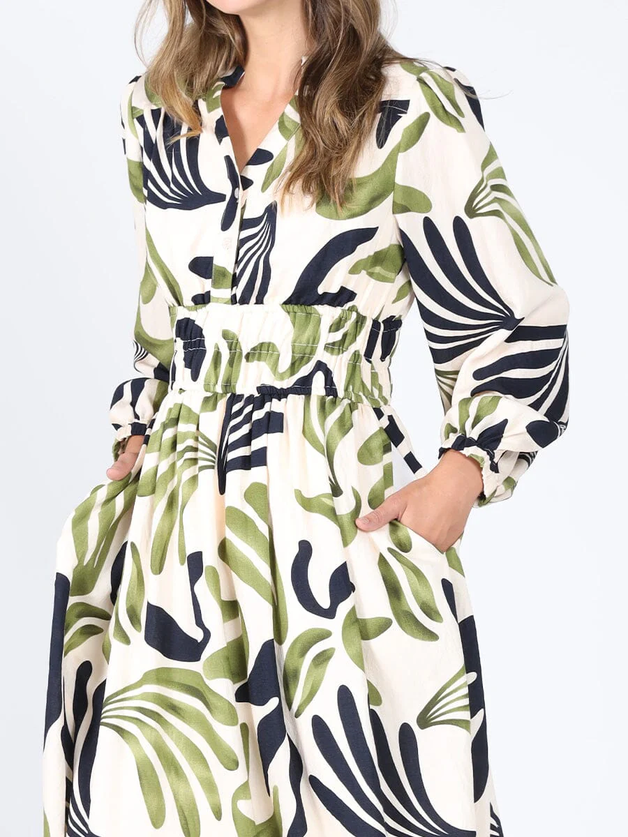Elastic Waist Long Sleeve Printed Dress - Image 3